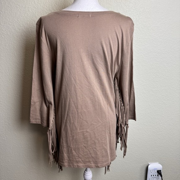 Cha Cha Vente Women's Top Tan Size L 3/4 Sleeves Tassels Fringe Knit Soft - Picture 4 of 7
